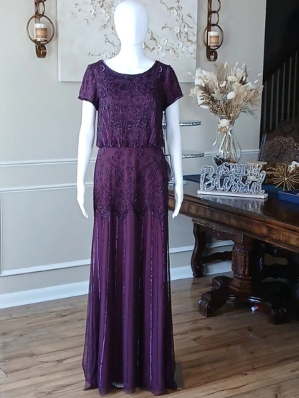 New Adrianna Papell Evening Beaded Dress Plum Floor-Length Short Sleeves Small - Picture 6 of 16